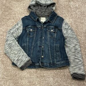 Torrid Denim Jacket with Gray Knit Sleeves